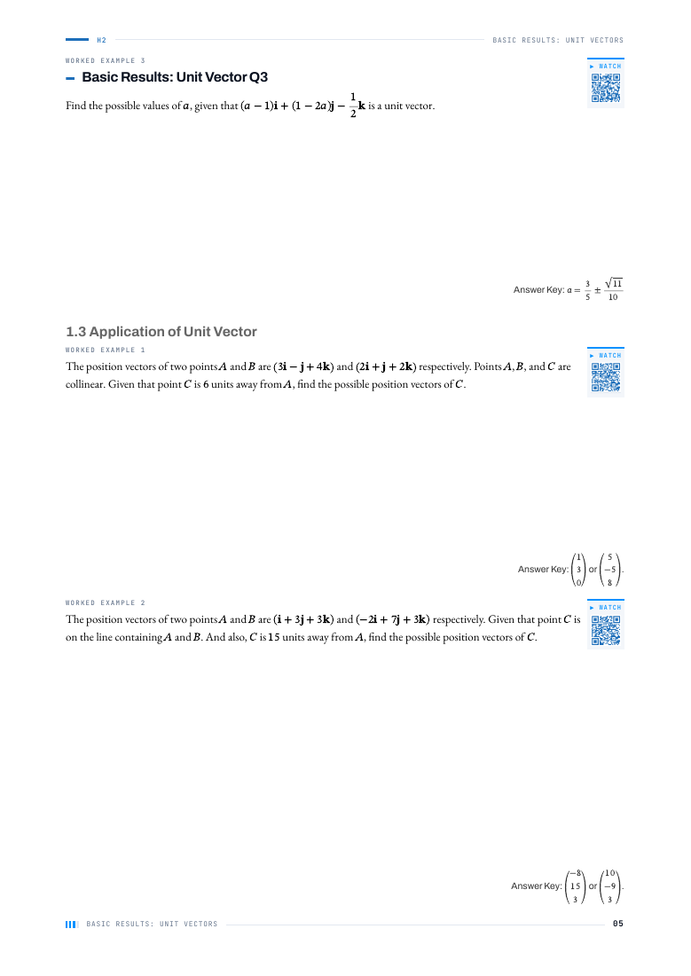 H2 Mathematics vectors worksheet with space for working and a video QR code next to each worked example